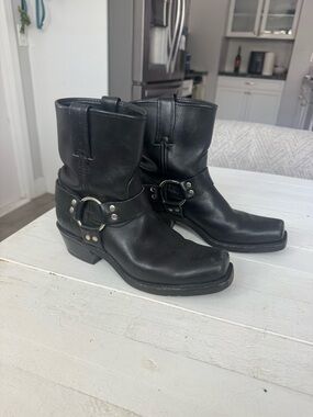 Frye Black Leather Harness Boots